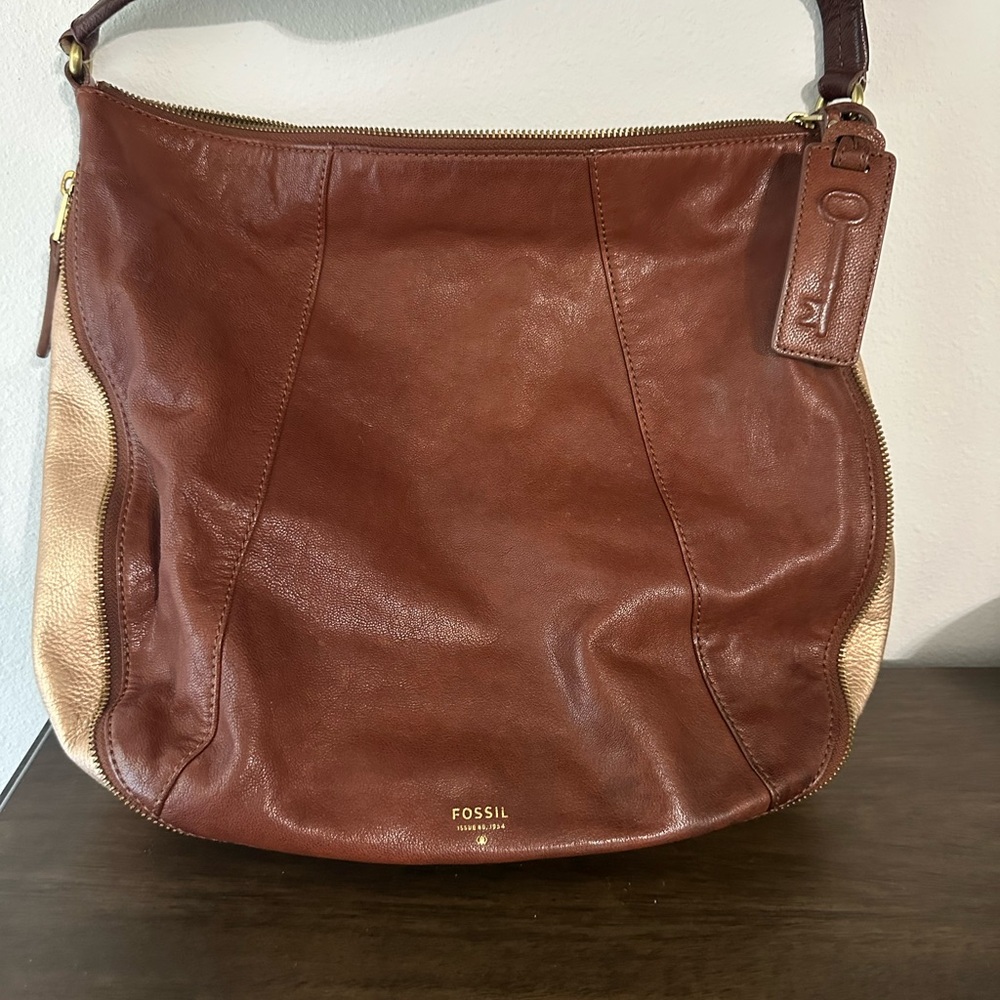 Fossil Women's Brown with rose gold Leather Hobo Bag